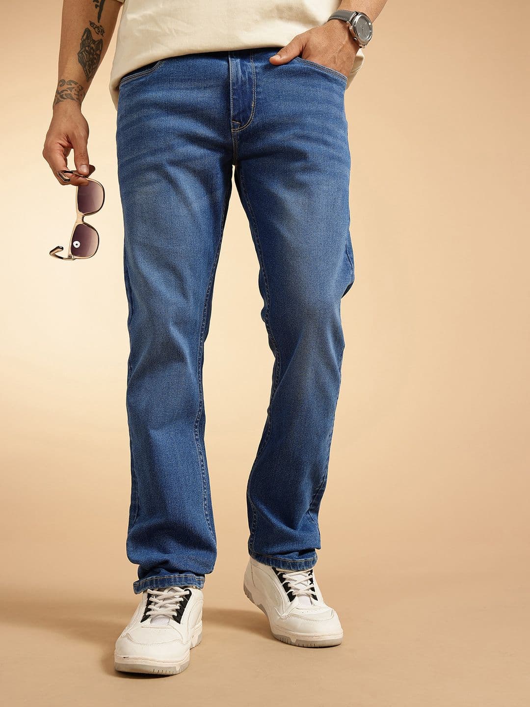 French Connection Men Smart Straight Fit Mid-Rise Light Fade Stretchable Jeans