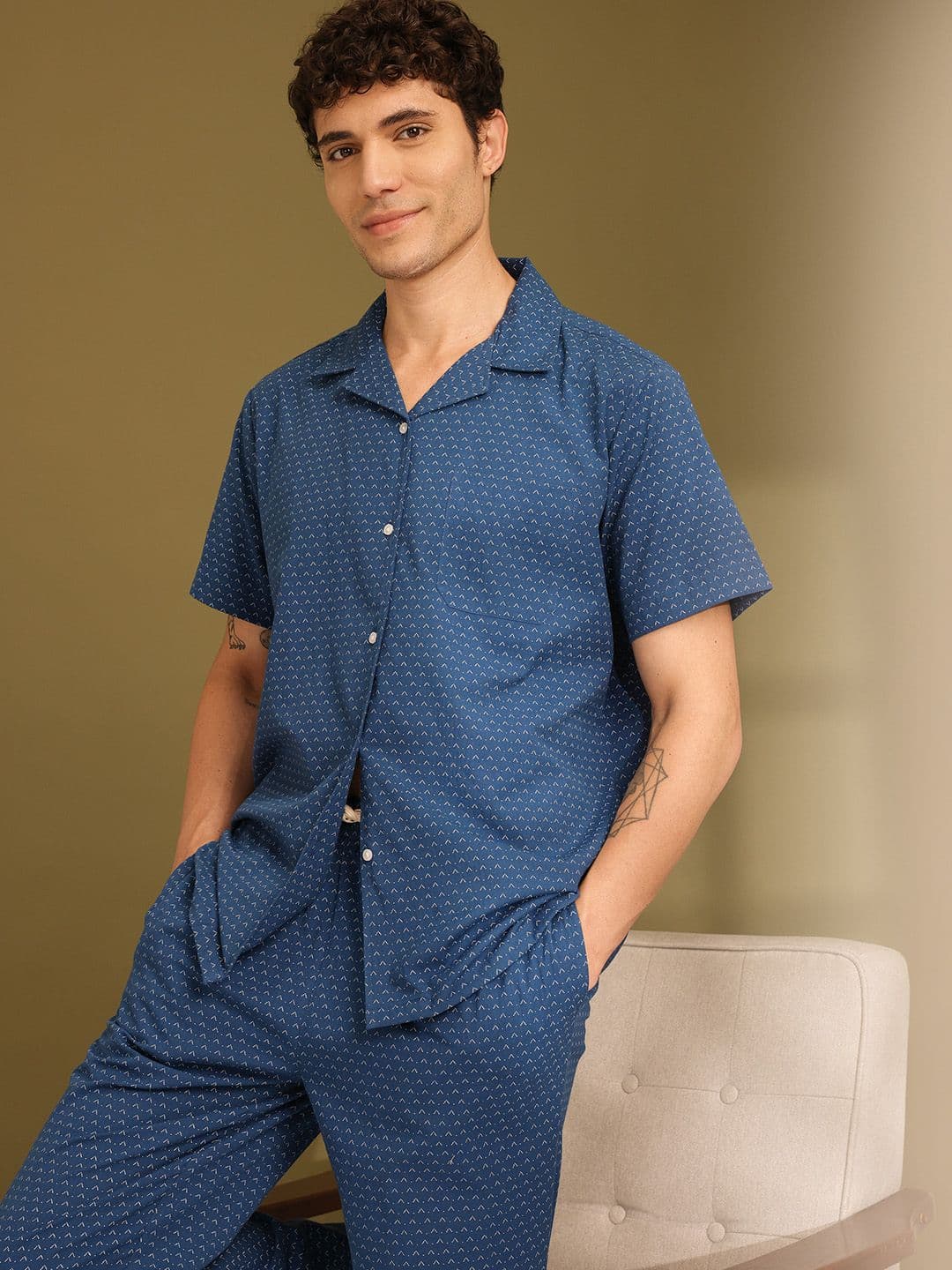 ETC Pure Cotton Geometric Printed Lapel Collar Shirt with Pyjamas MY-SO67-NAVY BLUE AOP - view 1