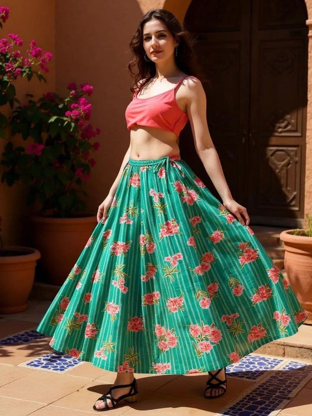 Hive91Floral Printed Pure Cotton Flared Maxi Skirt - view 1