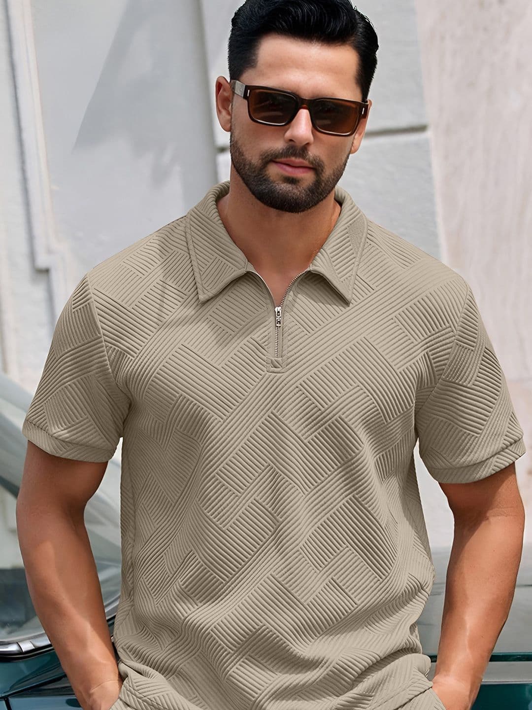 KAJARU Self Design Polo Collar Short Sleeves Regular Fit Casual T-Shirt - view 1