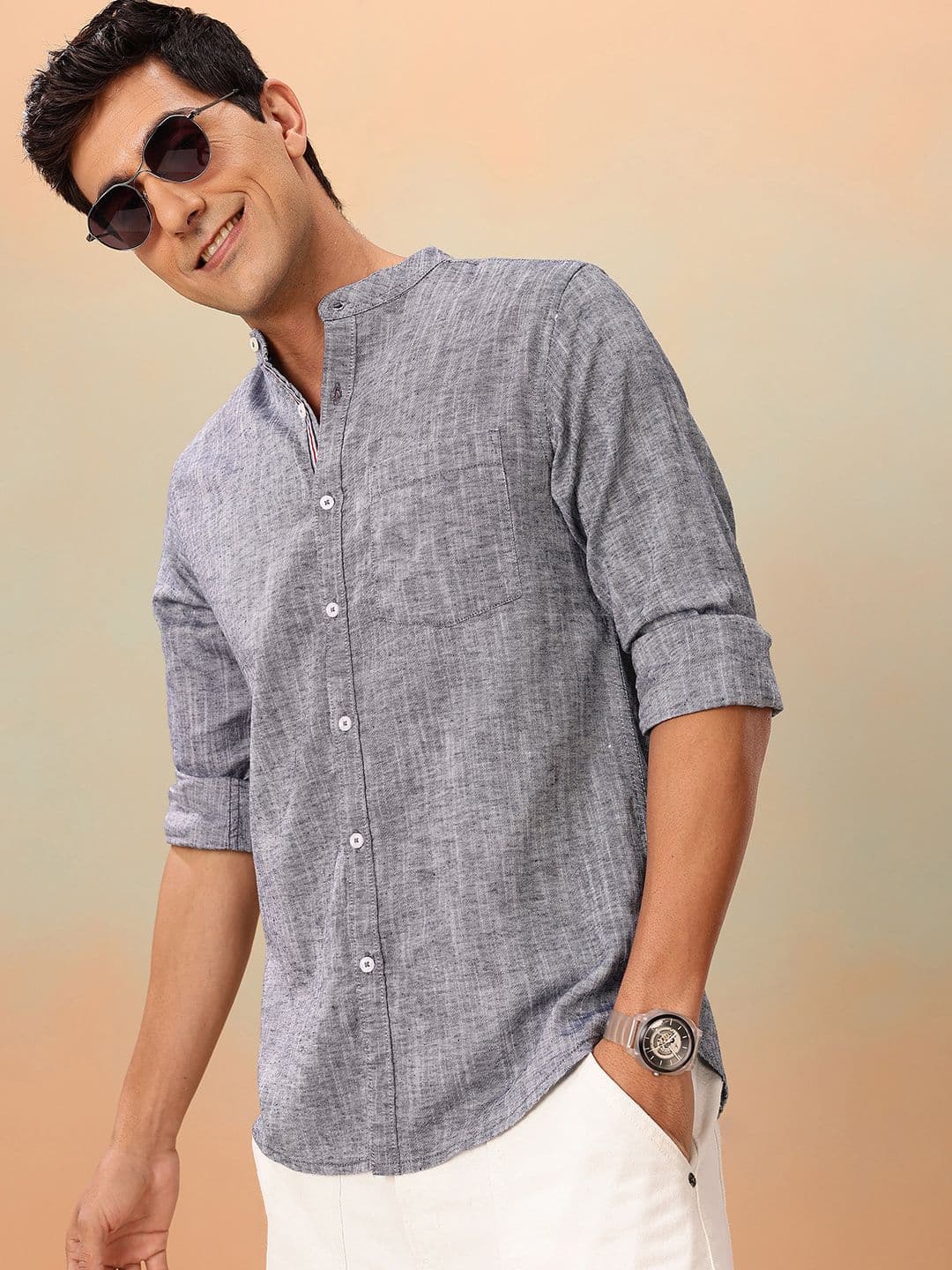 Mast & Harbour Solid Cotton Linen Mandarin Collar Shirt - view 1
