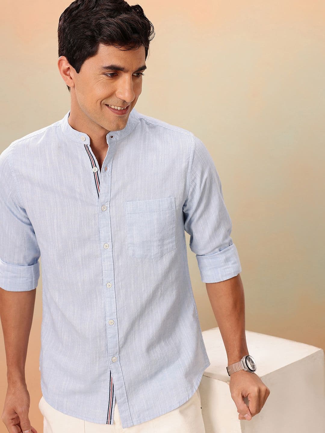 Mast & Harbour Solid Cotton Linen Mandarin Collar Shirt - view 1