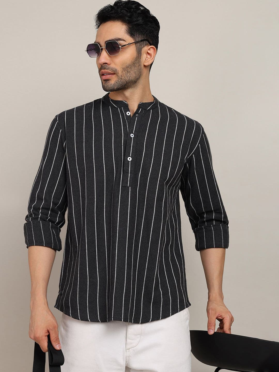 HERE&NOW Men Striped Daily Cotton Straight Short Kurta - view 1