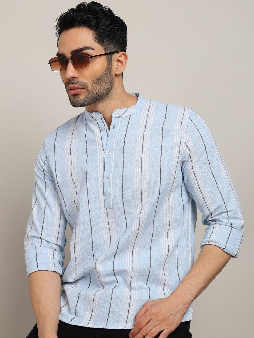 HERE&NOW Striped Mandarin Collar Pure Cotton Short Kurta - view 1