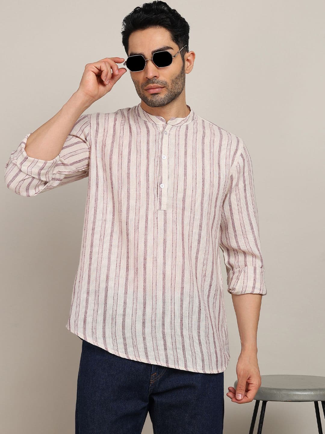 HERE&NOW Men Striped Daily Cotton Straight Short Kurta - view 1