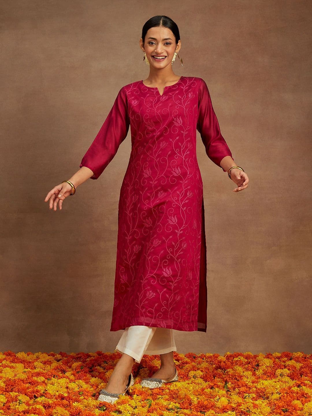 Libas Floral Embroidered Notch Neck Chanderi Silk Straight Kurta - view 1