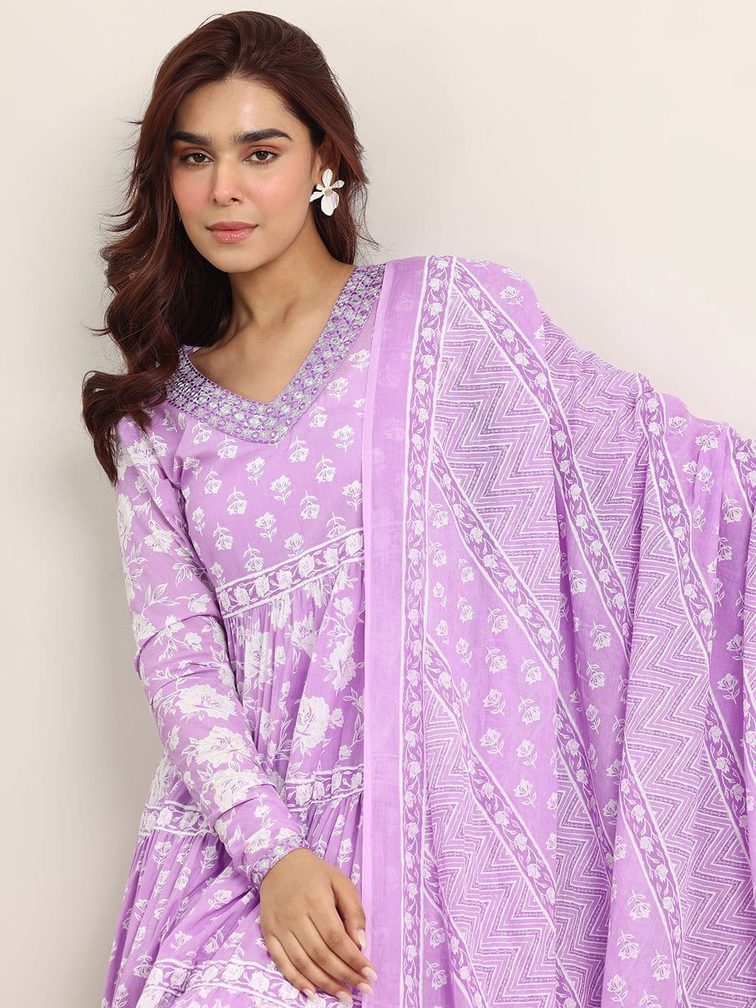 Libas Womens Lavender Printed Cotton Anarkali Kurta With Trousers & Dupatta - view 1