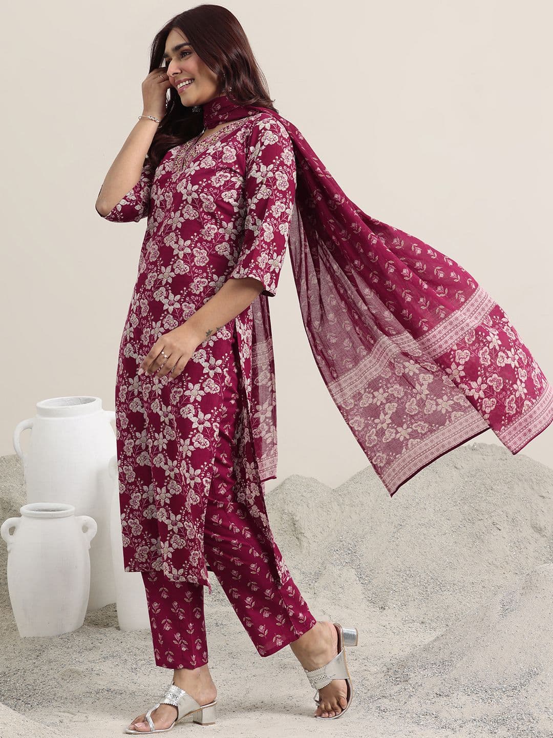 Libas Floral Printed V-Neck Straight Kurta With Trousers And Dupatta - view 1