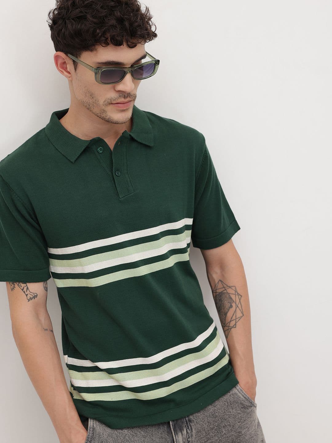 The Roadster Lifestyle Co. Men Striped Polo Collar Pure Cotton T-shirt - view 1