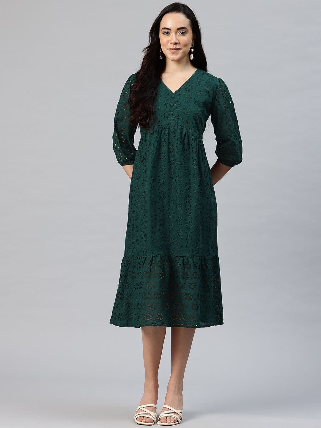SWI Stylish Floral Embroidered Schiffli Puff Sleeve A-Line Midi Dress - view 1