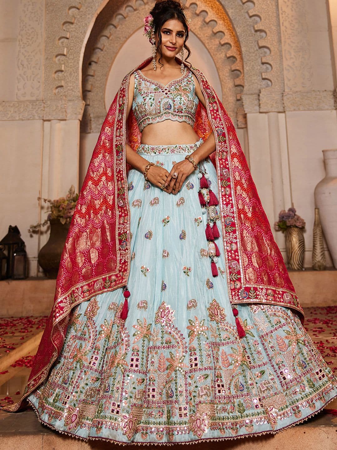 panchhi Embroidered Mirror Work Tissue Lehenga Choli With Dupatta - view 1