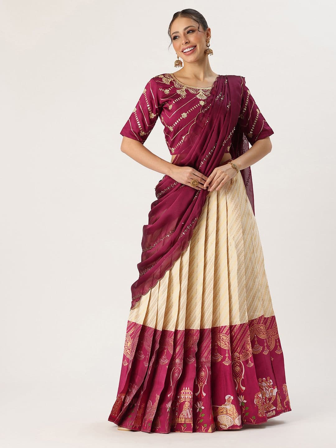 Fabcartz Embroidered Sequinned Unstitched Lehenga & Blouse With Dupatta - view 1