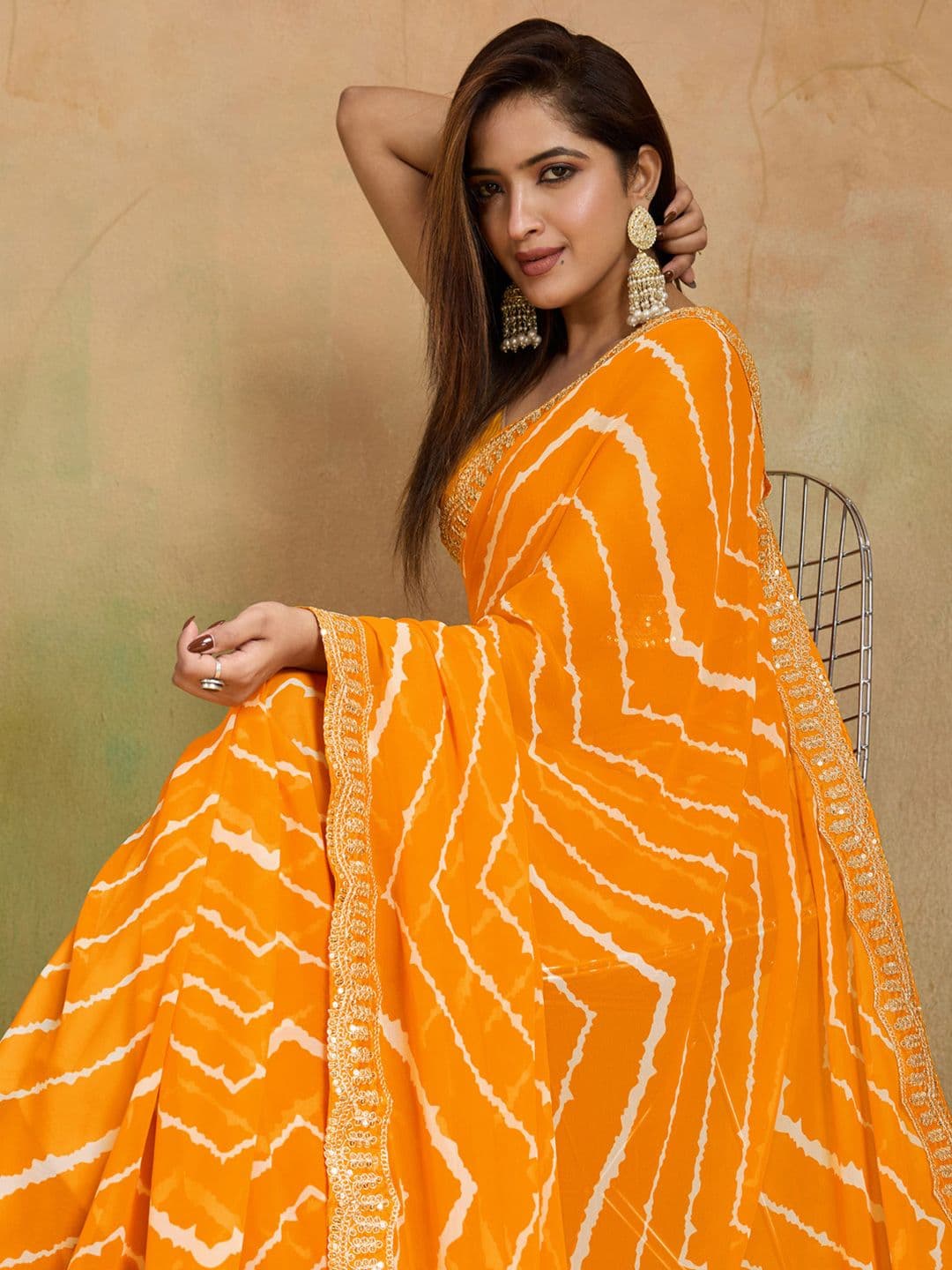 KALINI Leheriya Printed Sequinned Pure Georgette Leheriya Saree - view 1
