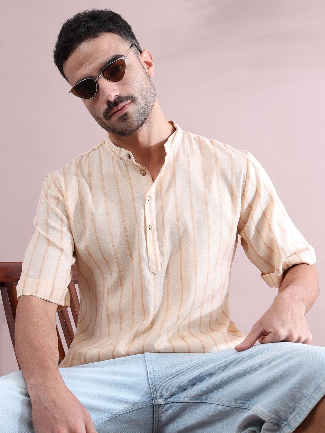 FILORI STUDIO Striped Mandarin Collar Pure Cotton Short Kurta - view 1