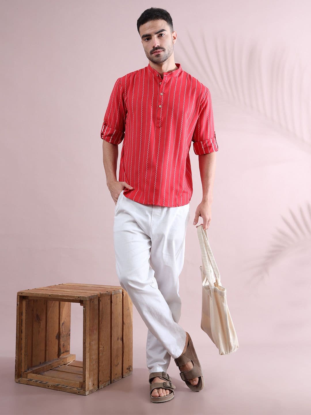 FILORI STUDIO Striped Band Collar Roll-Up Sleeves Short Kurta - view 1