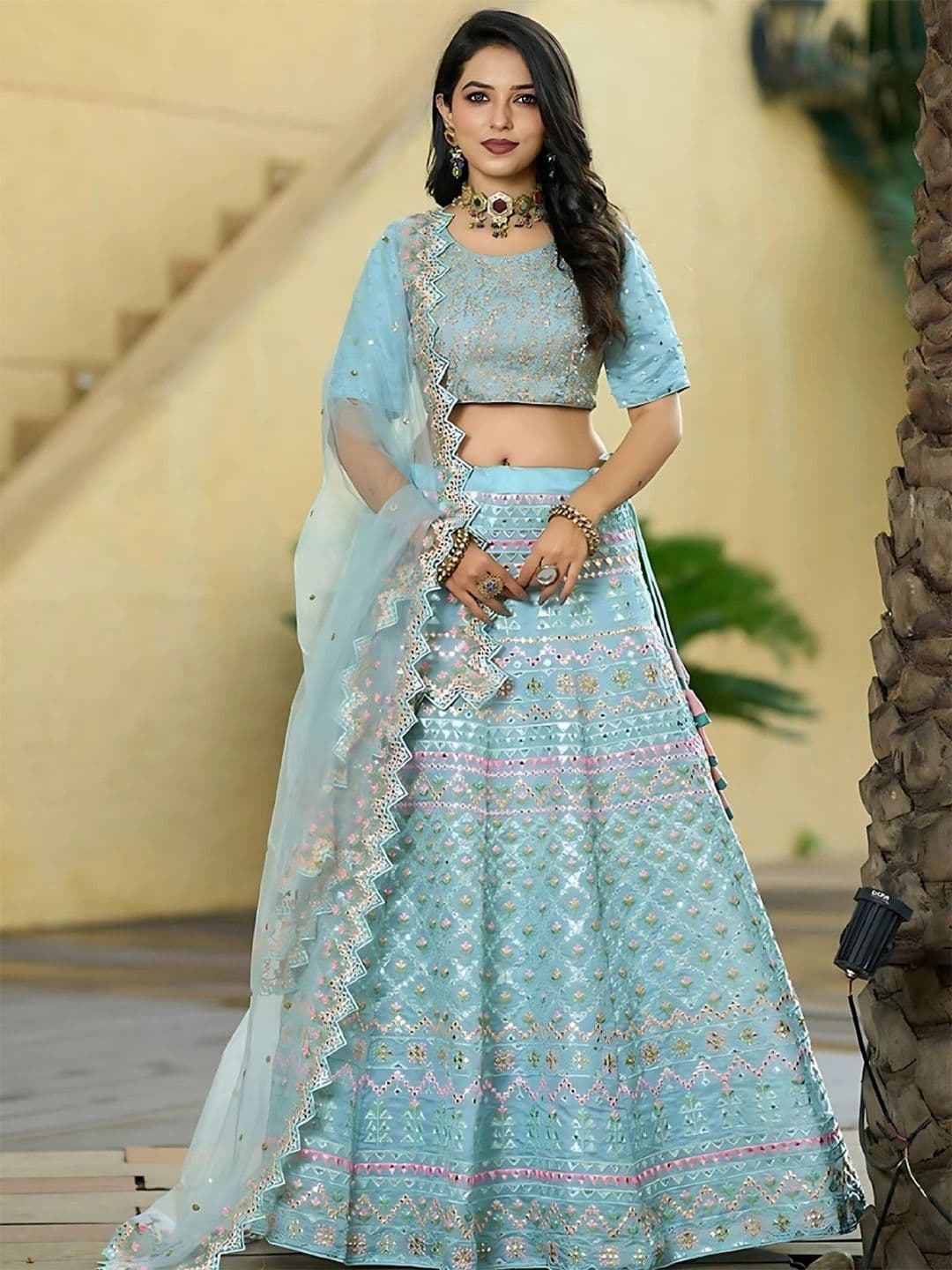 ODETTE Blue Floral Embroided Semi-Stitched Silk Lehenga & Unstitched Blouse With Dupatta - view 1