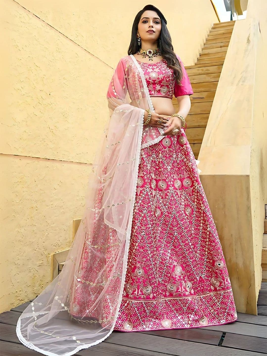 ODETTE Pink Embroidered Mirror Work Semi-Stitched Lehenga & Unstitched Blouse With Dupatta - view 1
