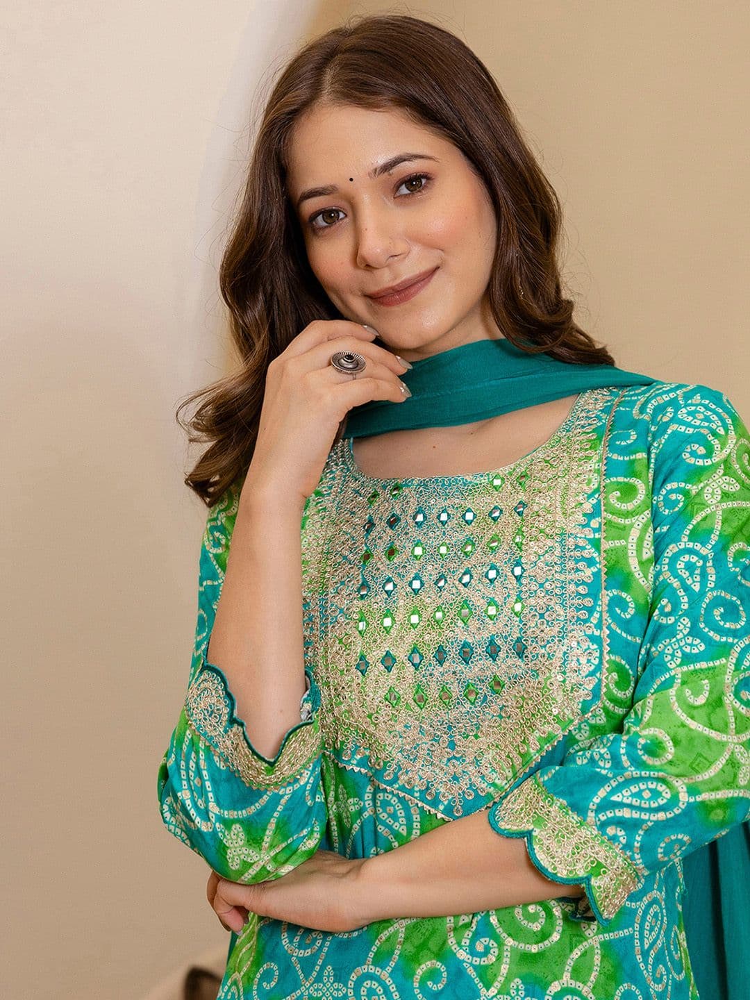 SKYLEE Bandhani Printed Round Neck Mirror Work Straight Kurta With Trousers & Dupatta - view 1