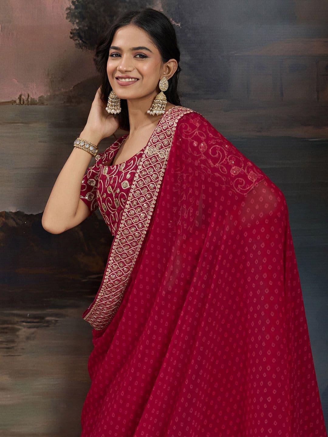 House of Pataudi Embroidered Bandhani Saree With Blouse Piece - view 1
