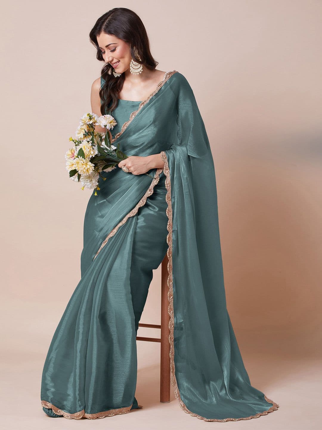 House of Pataudi Beads and Stones Embellished Border Saree - view 1