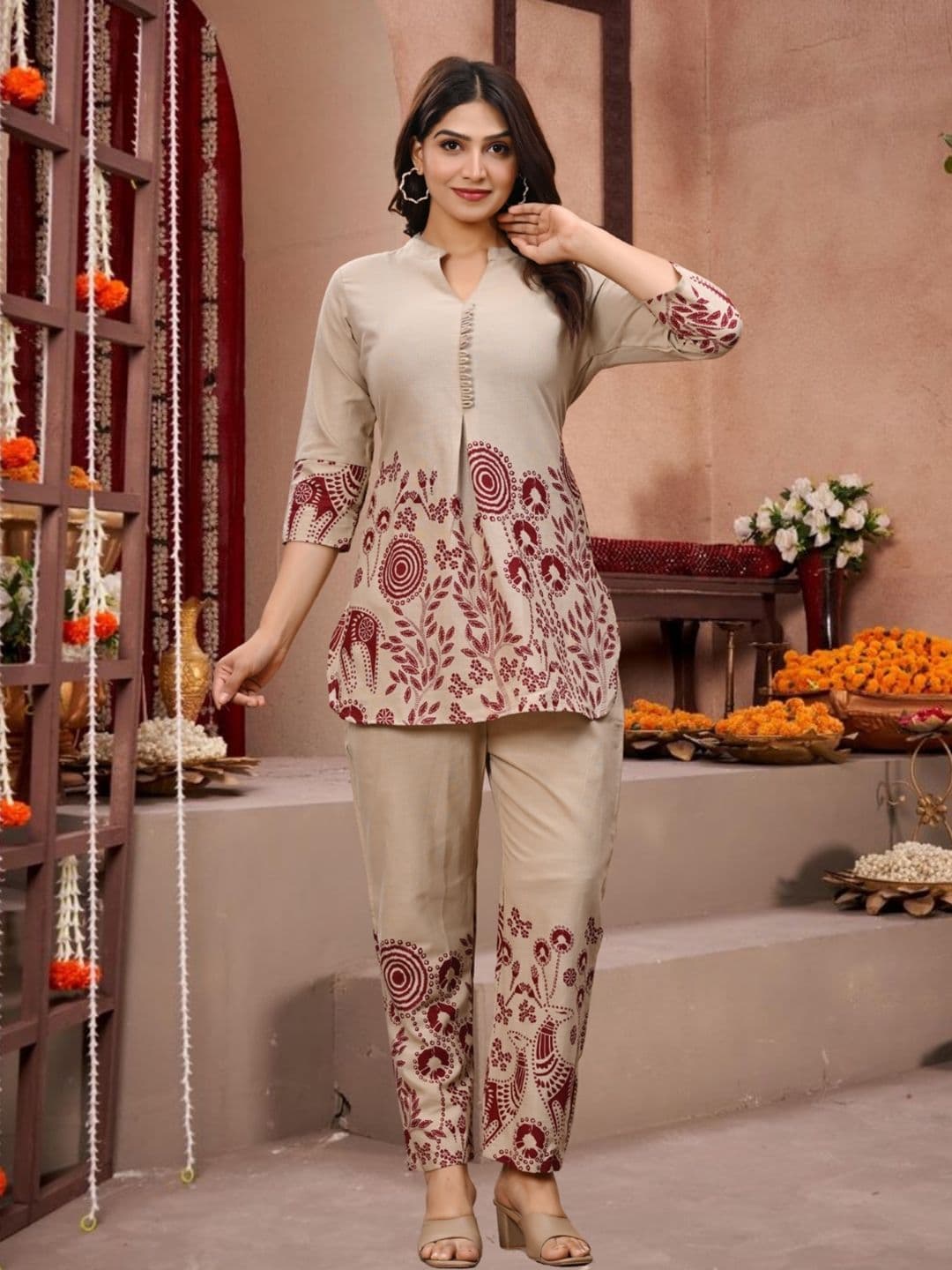 Ozia Beige Printed V-Neck Tunic with Trousers Co-Ords - view 1