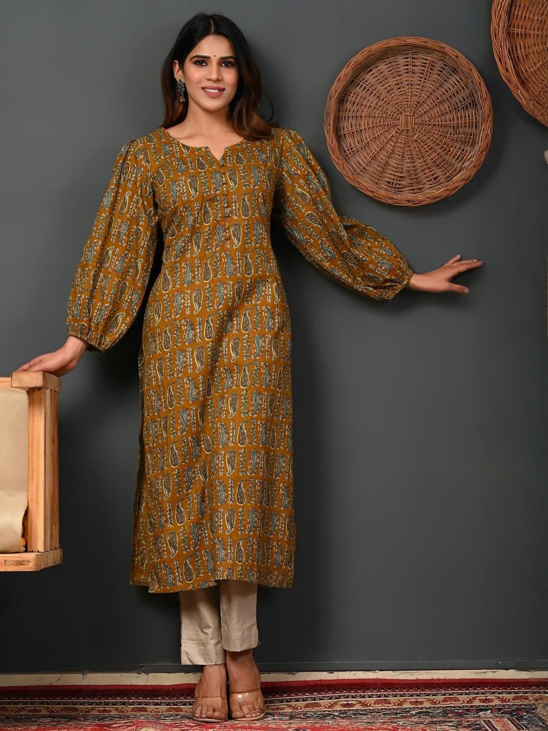 Rimeline Ethnic Motifs Printed Round Neck Puff Sleeves Pure Cotton Kurta - view 1