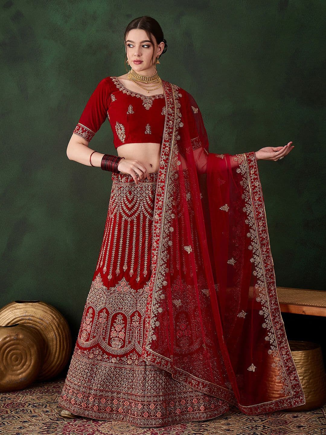 MANVAA Embroidered Semi-Stitched Lehenga & Unstitched Blouse With Dupatta - view 1