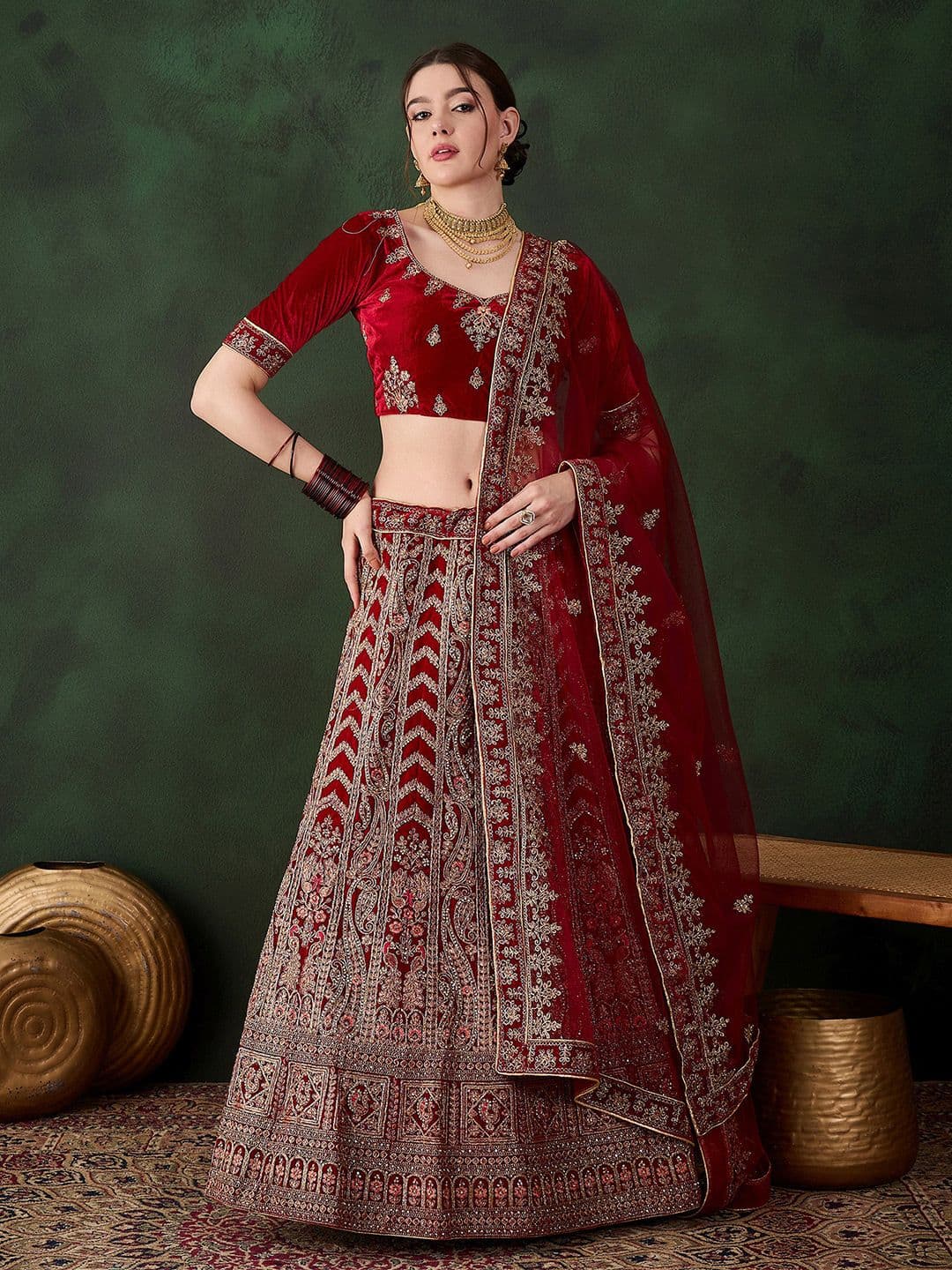 MANVAA Embroidered Semi-Stitched Lehenga & Unstitched Blouse With Dupatta - view 1