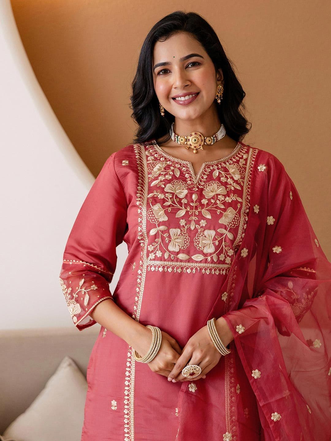SANISA Women Ethnic Motifs Embroidered Regular Thread Work Kurta with Trousers & Dupatta - view 1