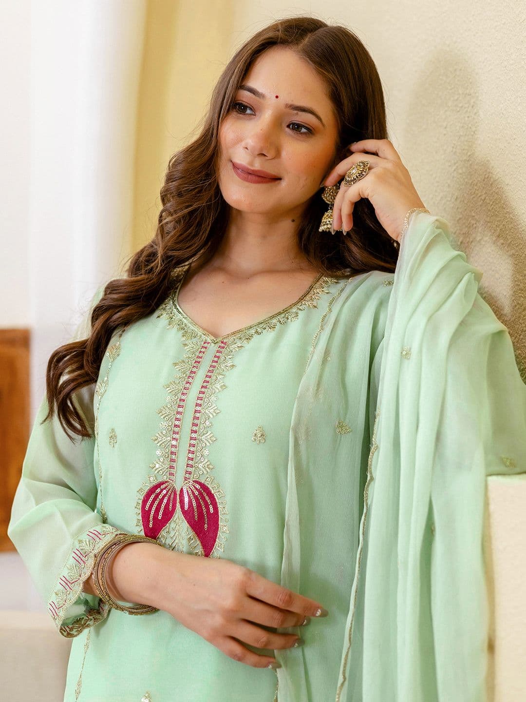 SANISA Embroidered V-Neck Sequinned Georgette Straight Kurta With Trousers & Dupatta - view 1