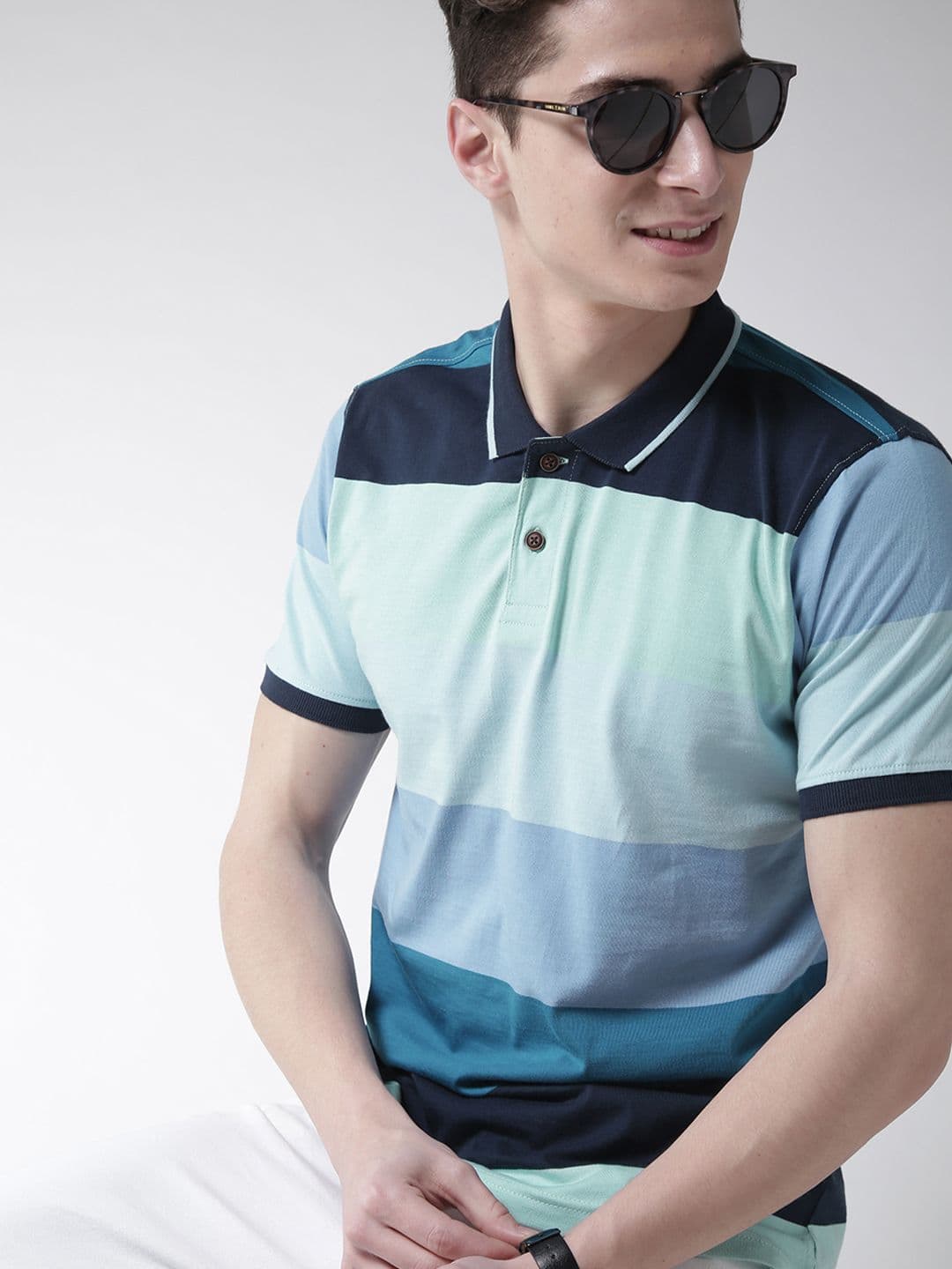 Mast & Harbour Men Blue Striped Polo Collar T-shirt - view 1