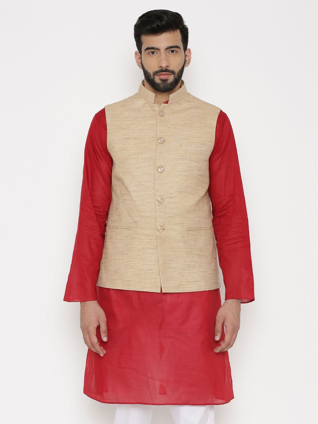 Wintage Men Beige Woven Design Nehru Jacket - view 1