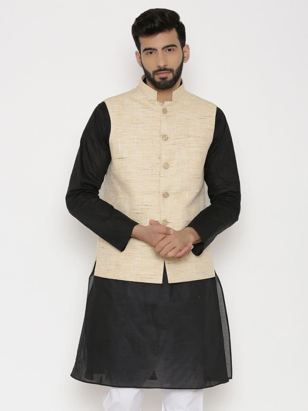 Wintage women Beige Woven Design Nehru Jacket - view 1