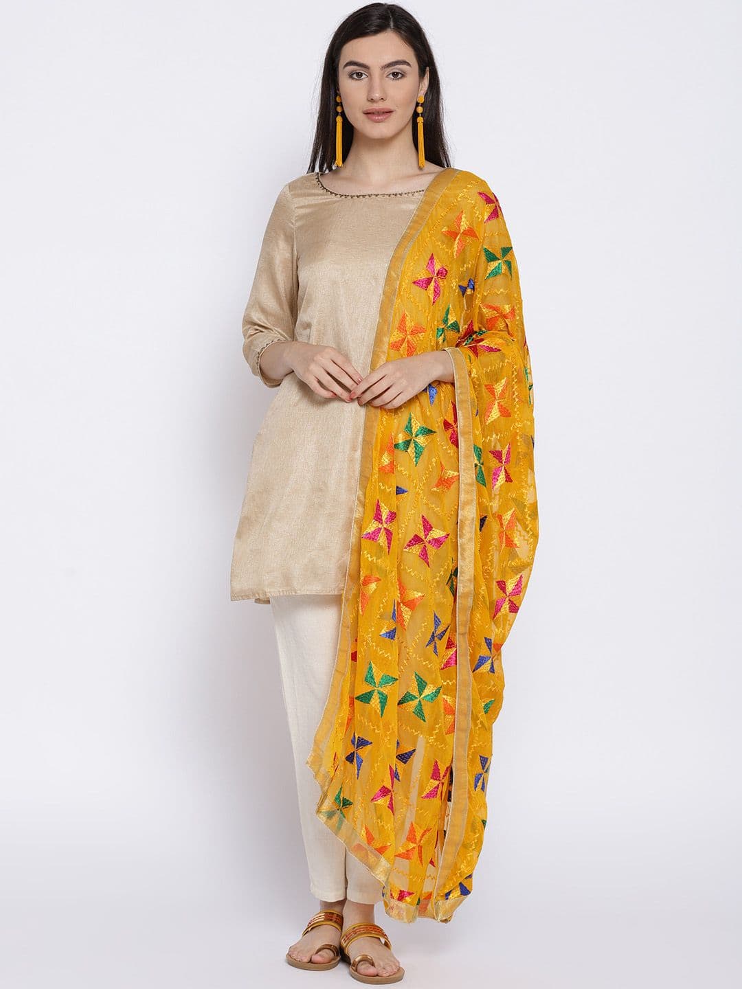 WEAVERS VILLA Yellow Phulkari Embroidered Dupatta - view 1