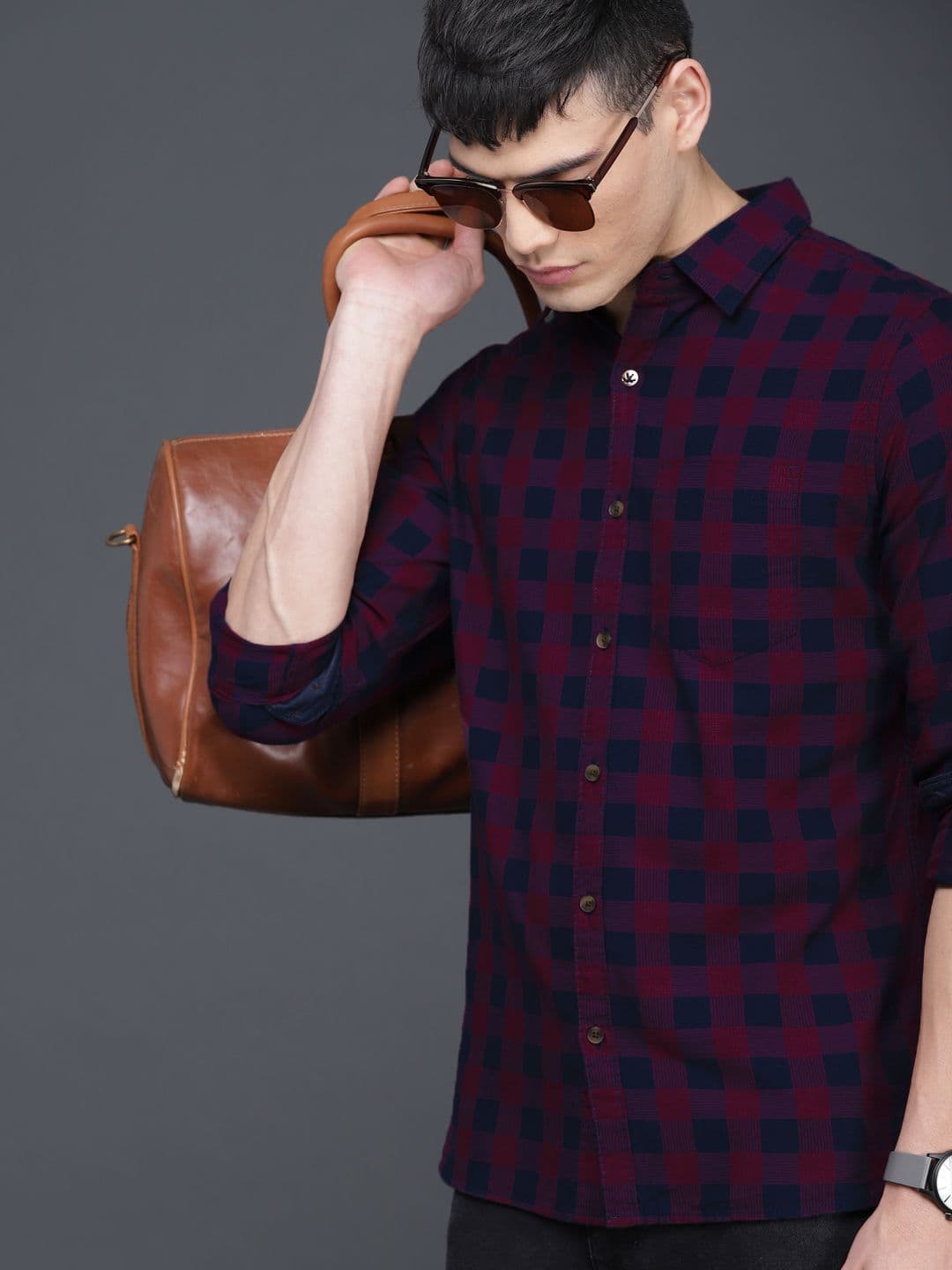 WROGN Men Red & Navy Blue Slim Fit Checked Casual Shirt - view 1