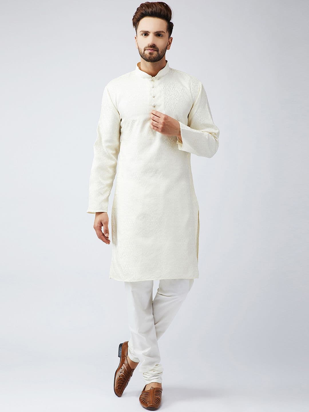 SOJANYA Men Cream-Coloured Woven Design Straight Kurta - view 1