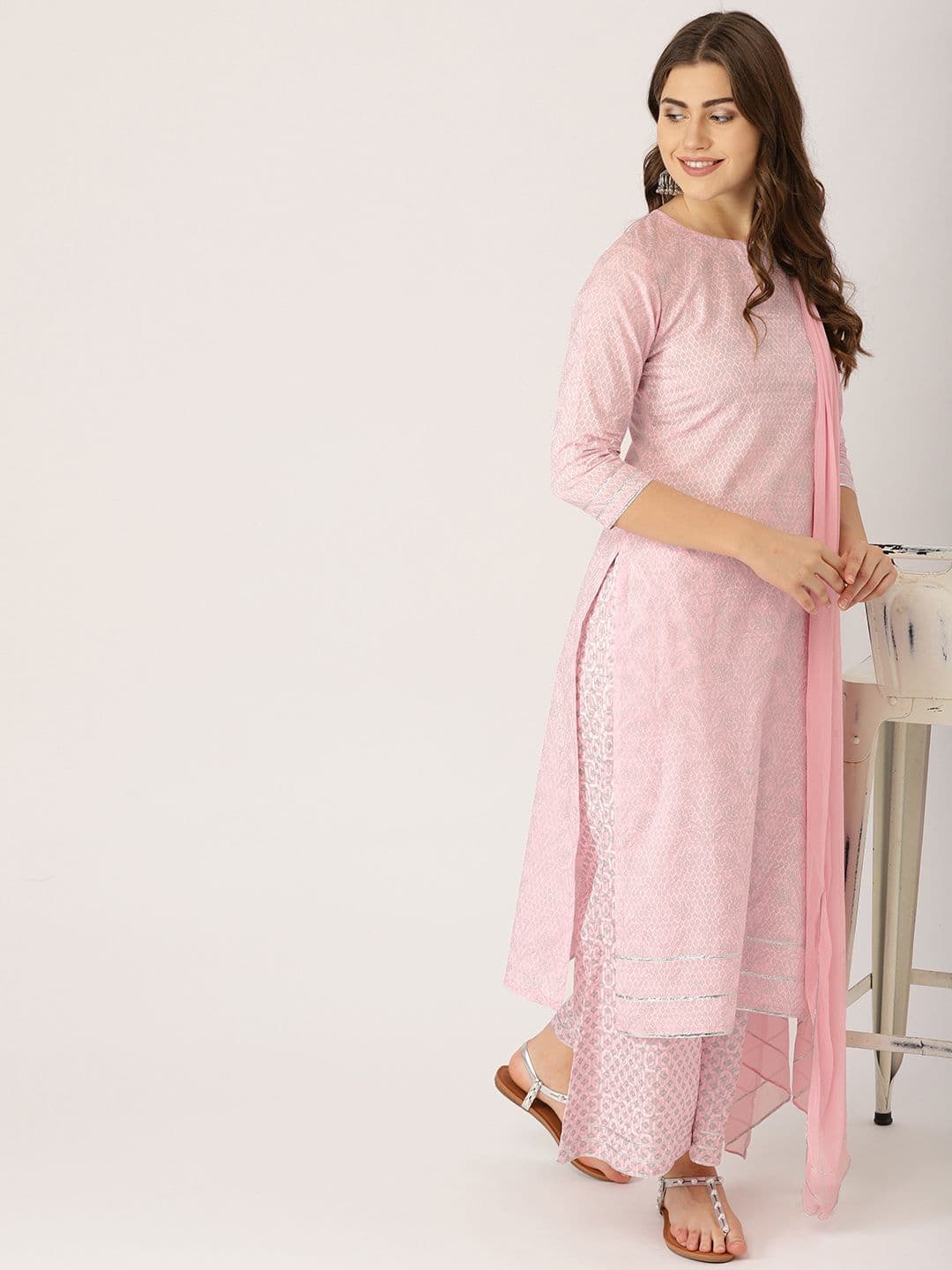 Gerua By Libas Women Pink & Silver Printed Kurta with Palazzos & Dupatta - view 1