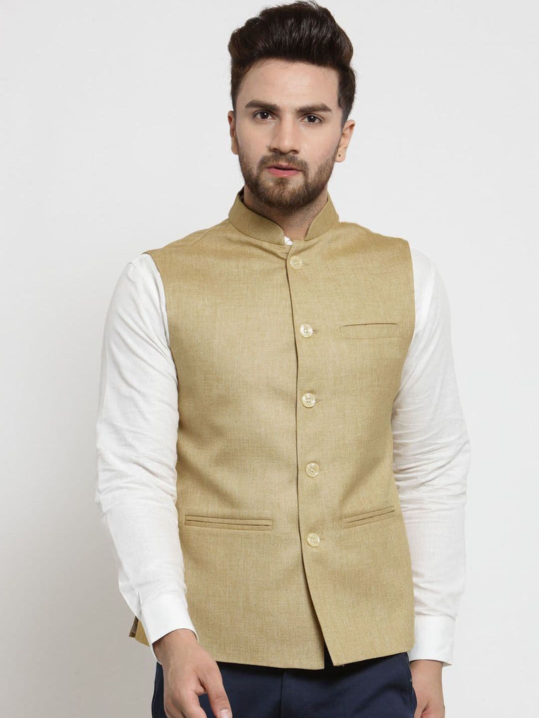TREEMODA Men Beige Solid Nehru Jacket - view 1
