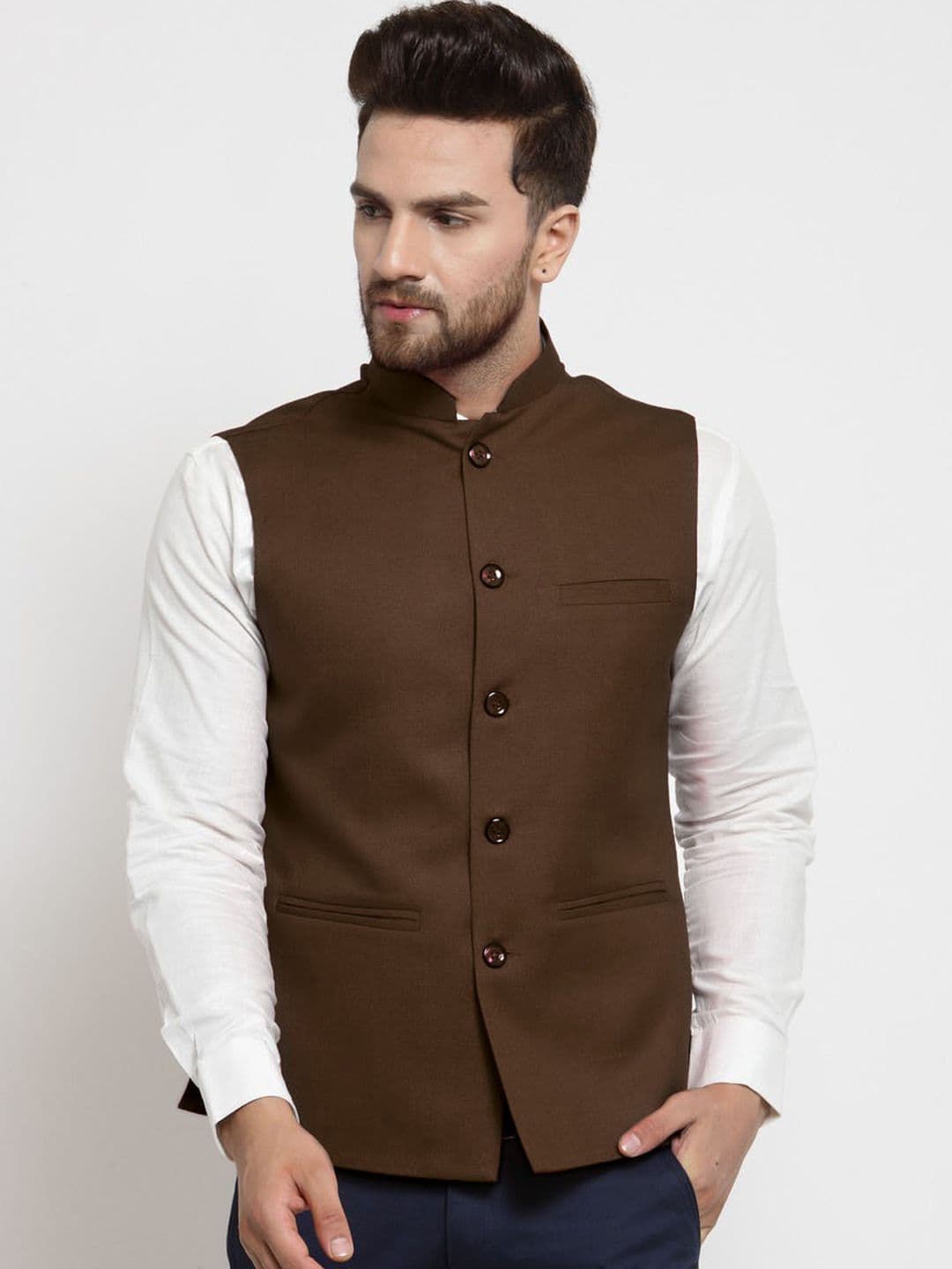 TREEMODA Men Chocolate Brown Solid Nehru Jacket - view 1