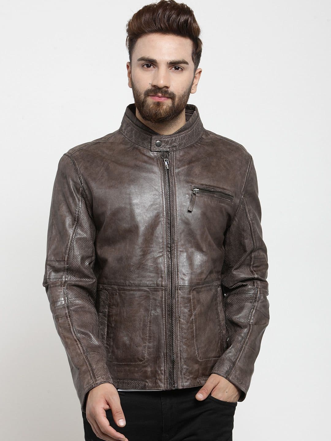 Teakwood Leathers Men Brown Solid Leather Biker Jacket - view 1