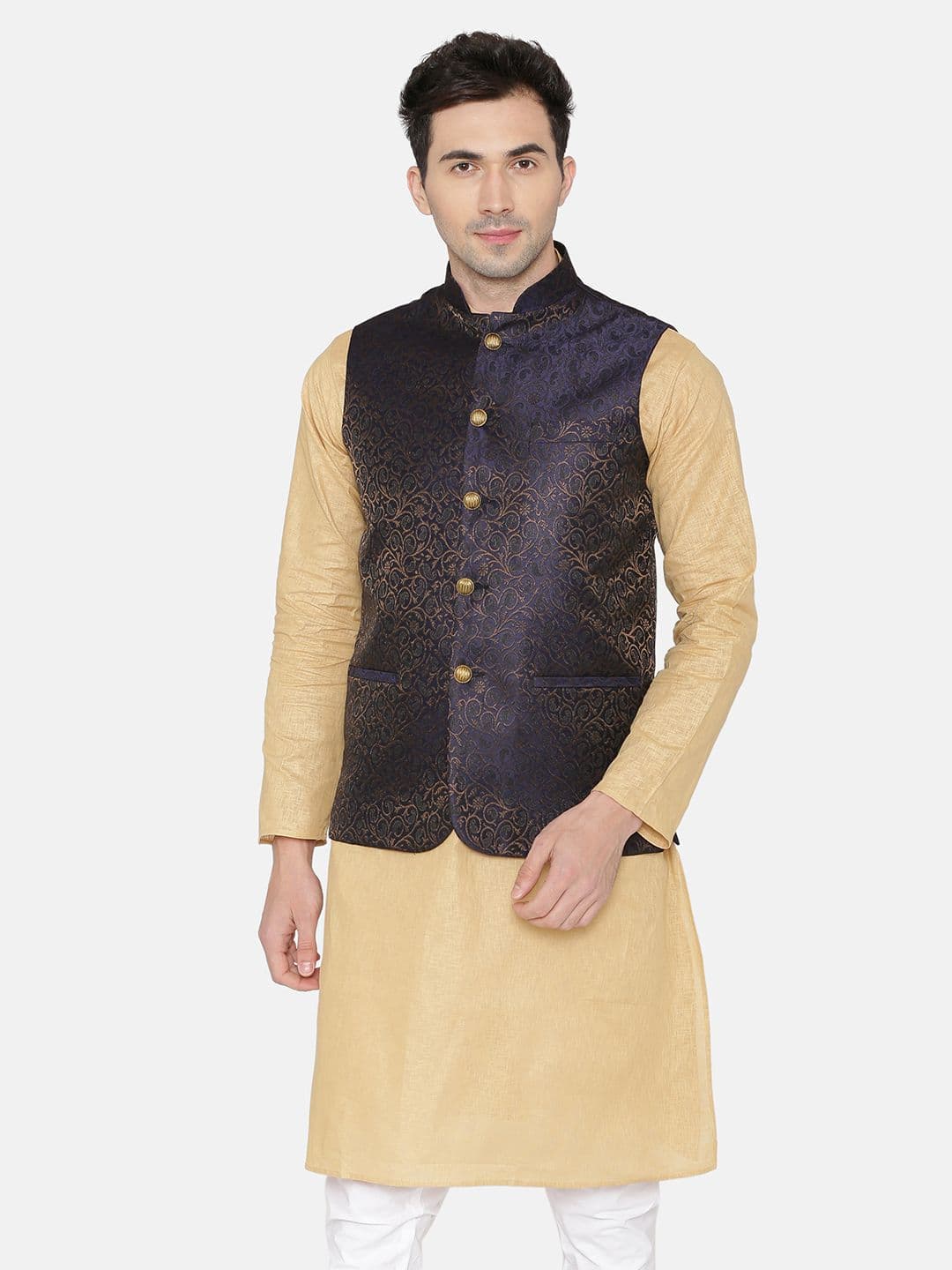 Wintage Men Navy Blue & Beige Printed Nehru Jacket - view 1
