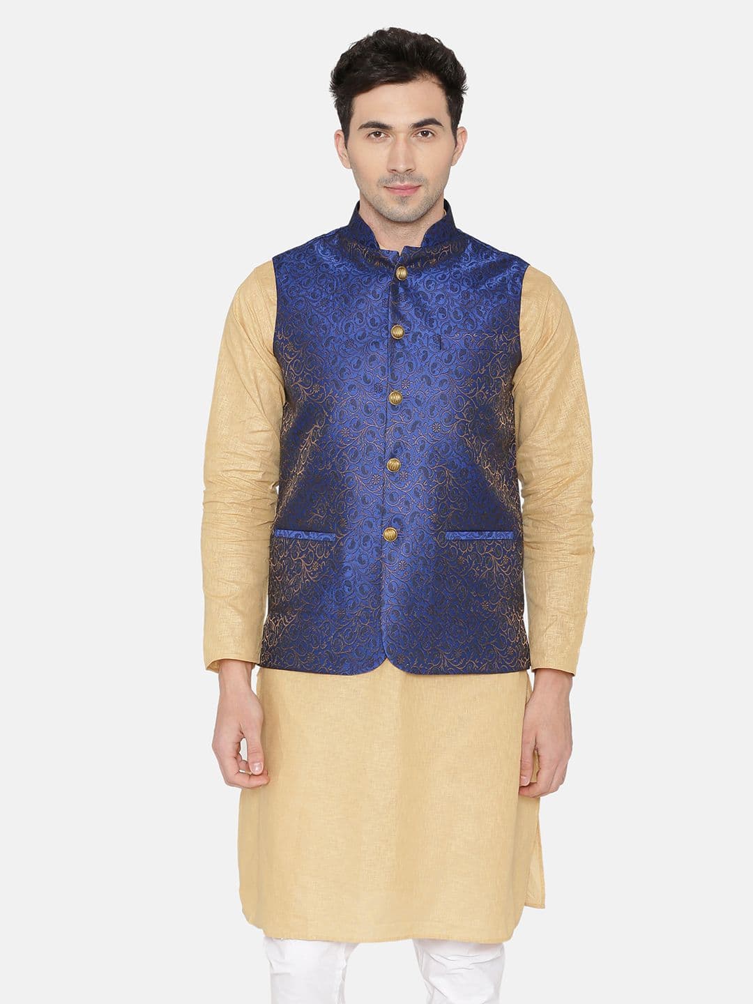Wintage Men Blue Woven Design Nehru Jacket - view 1