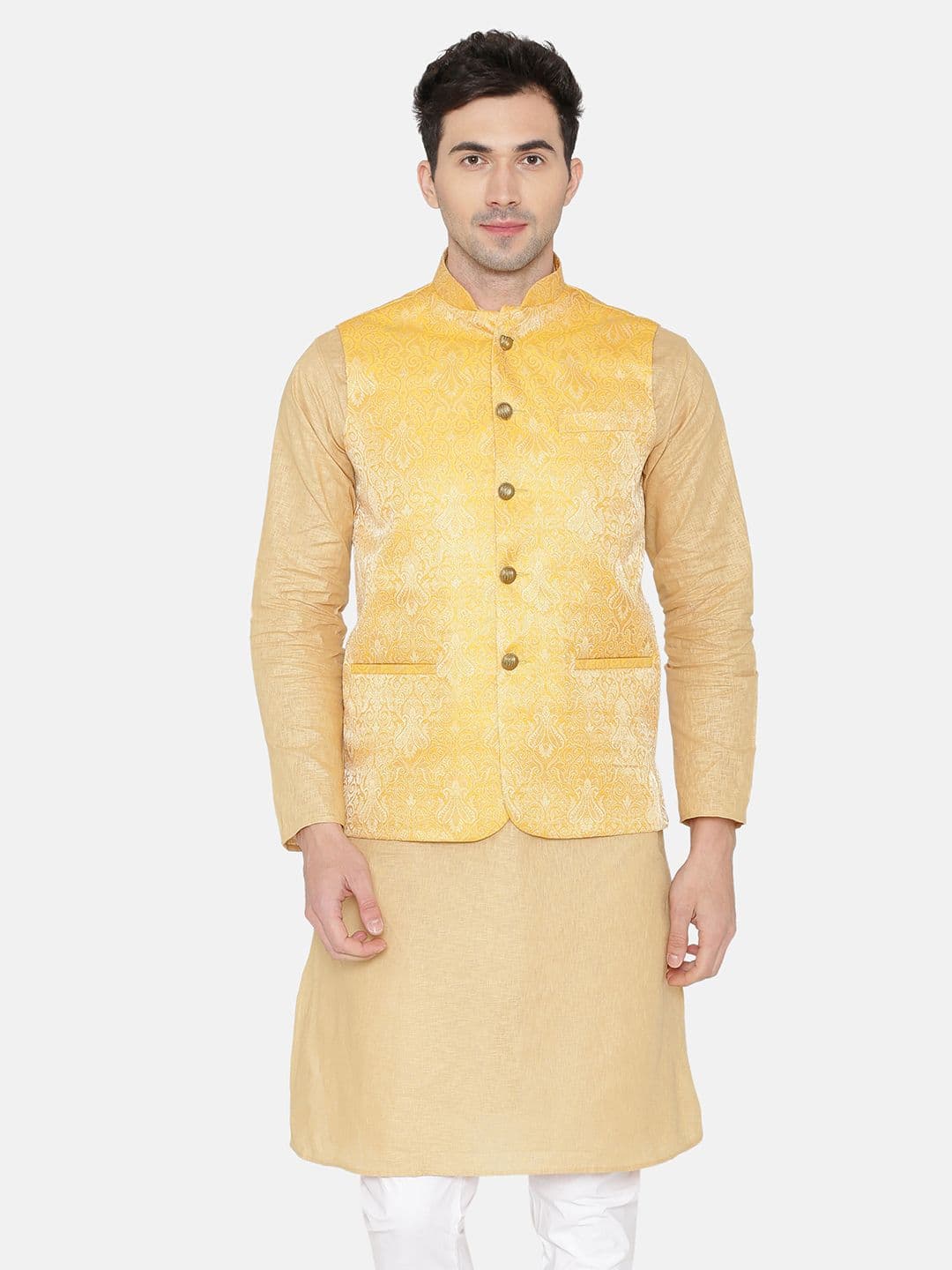 Wintage Men Yellow Woven Designed Nehru Jacket - view 1