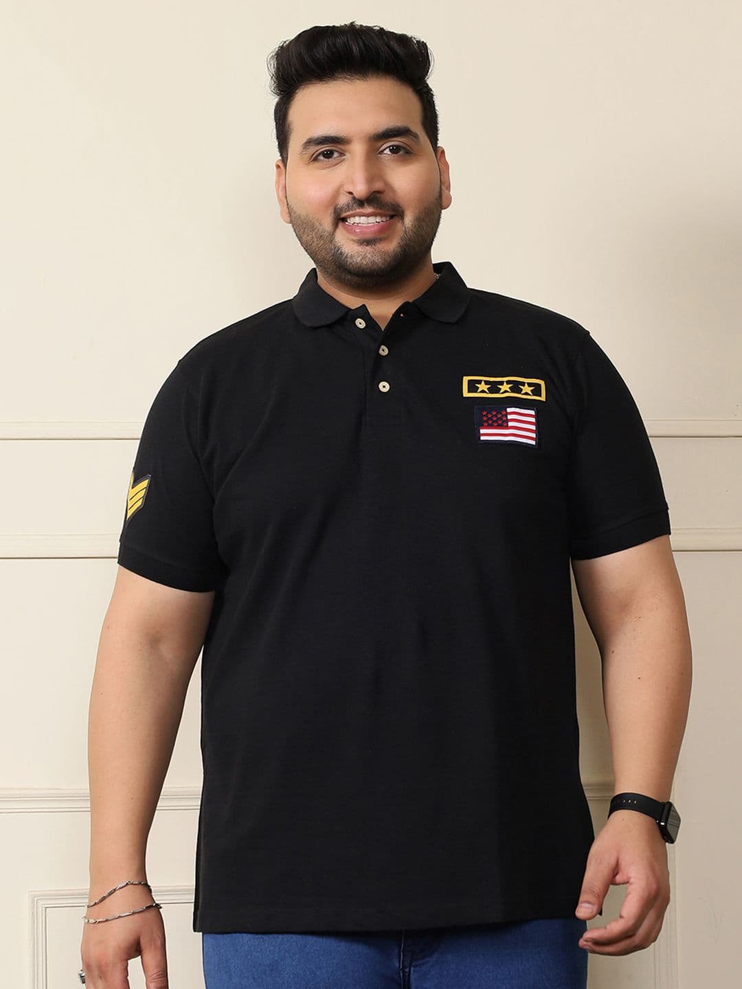 bigbanana Plus Size Men Black Solid Polo Collar Pure Cotton T-shirt - view 1