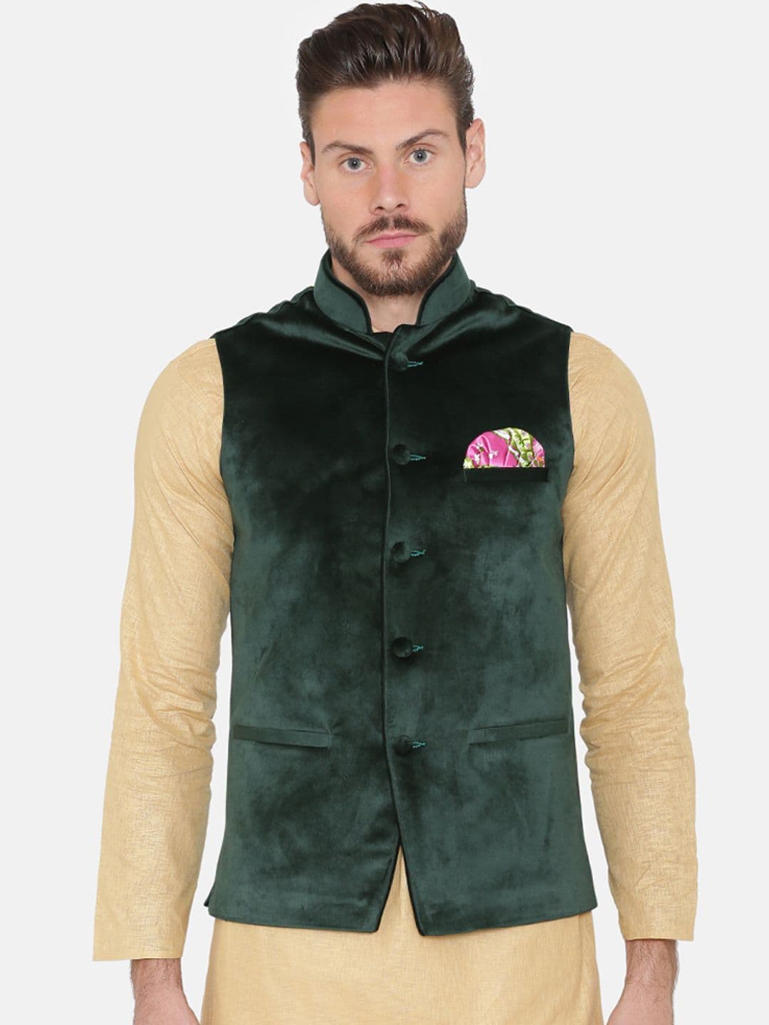 Wintage Men Green Velvet Nehru Jacket - view 1