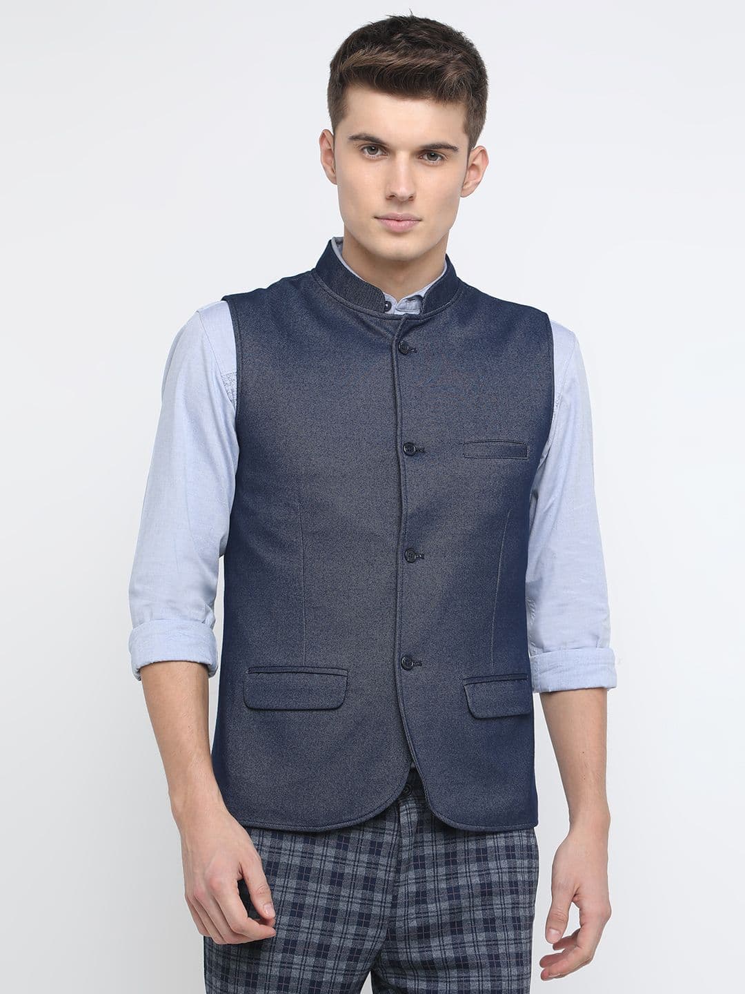 Basics Men Navy Blue Solid Nehru Jacket - view 1