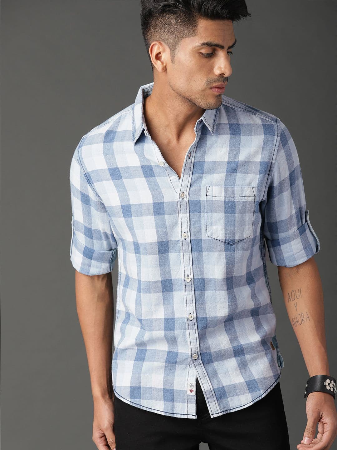 Roadster Men Blue Washed Indigo Checked Casual Shirt - view 1