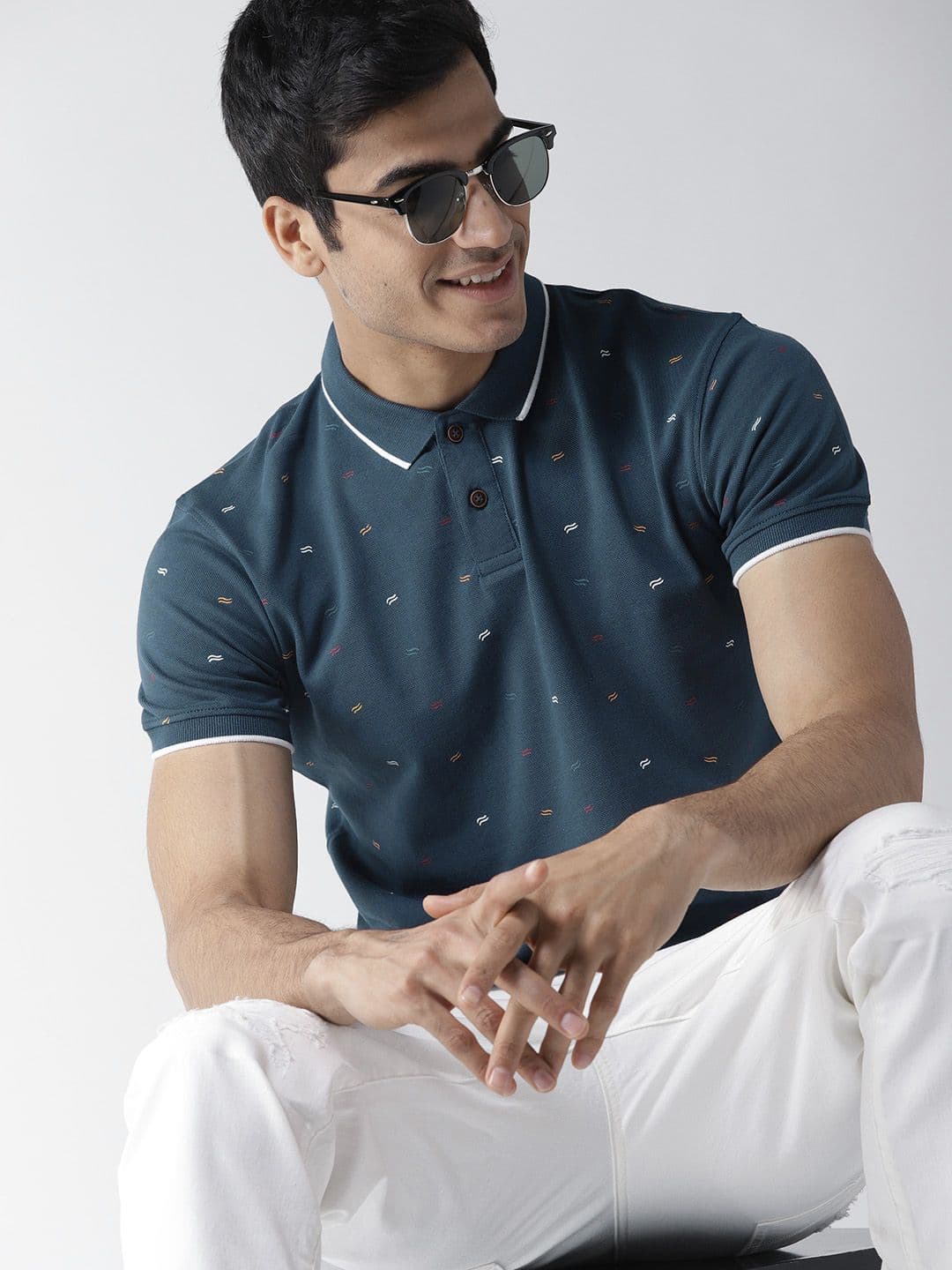 Mast & Harbour Men Navy Blue Printed Polo Collar T-shirt - view 1