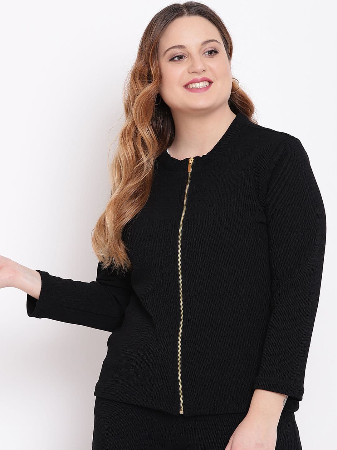 The Pink Moon Plus Size Women Black Self Design Jacket - view 1