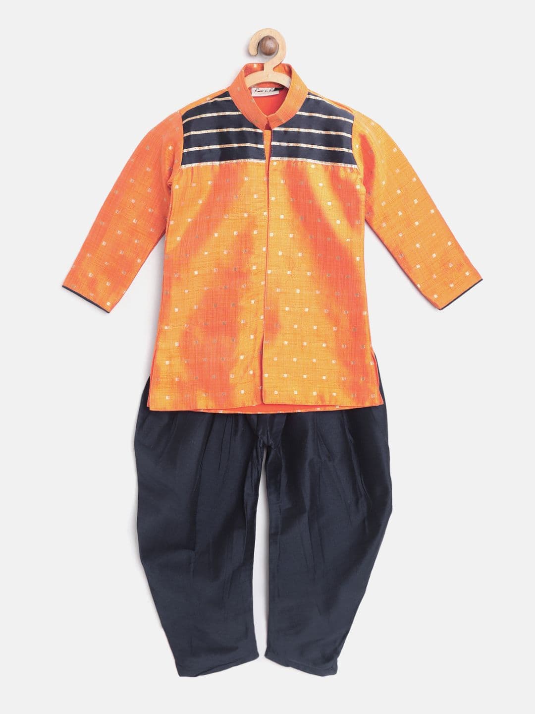 BownBee Boys Orange & Navy Blue Woven Design Sherwani Set - view 1